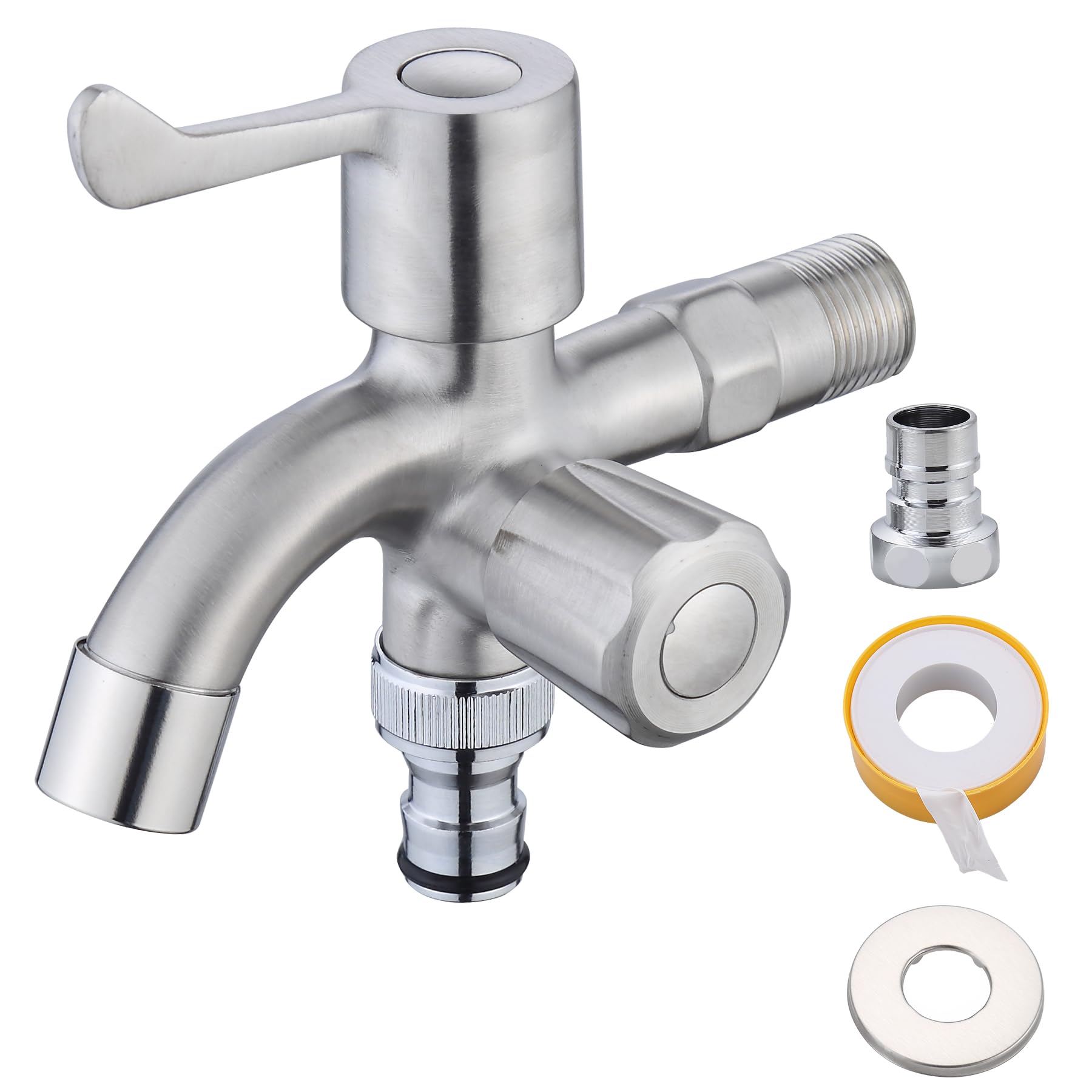 

Jeonestan Water Tap, Double-Way, Compatible with Simultaneous Connection of Washing Machine, Gardening, and Watering Hoses, Stainless Steel, Rustproof