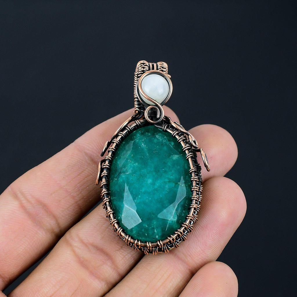 Emerald Lab-Created & Moonstone Gemstone Handmade Pure Copper Wire Wrap Jewelry Pendant For Women