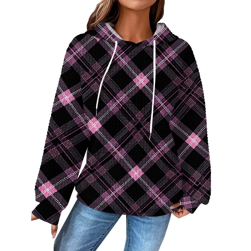 Women's Fashion Loose Hooded Pullover Long Sleeve Plaid Sweatshirt with Drawstring Drop Shoulder and Pocket Print Top