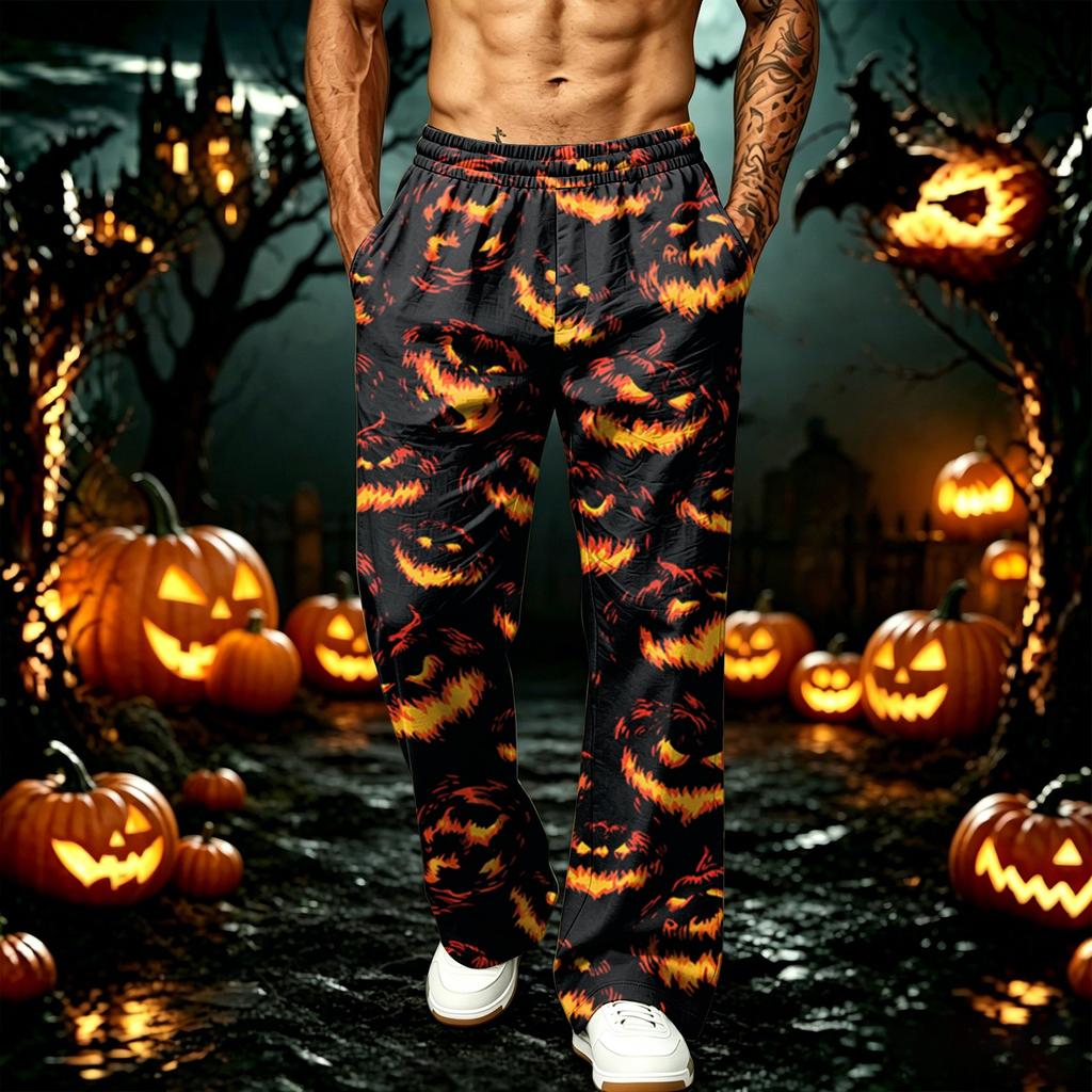 Men's Loose Wide Leg Cargo Jogger Pants with Pockets Halloween Print for Casual Outdoor Wear