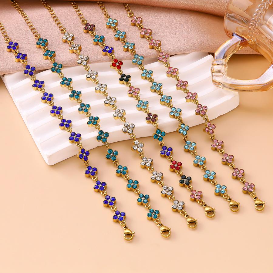 Colorful Zirconia Four-Leaf Clover Bracelet - Stainless Steel, Luxury Women's Jewelry