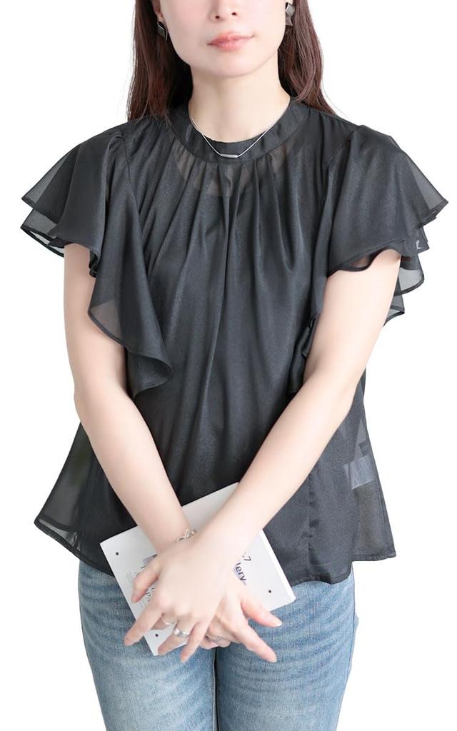 Gold Japan Plus Size Blouse with Stand Flared Office and Size 3L Women's Neck, Gathered, Sleeves, Sheer, Sheer, Wear, Spring, Summer, Fall,