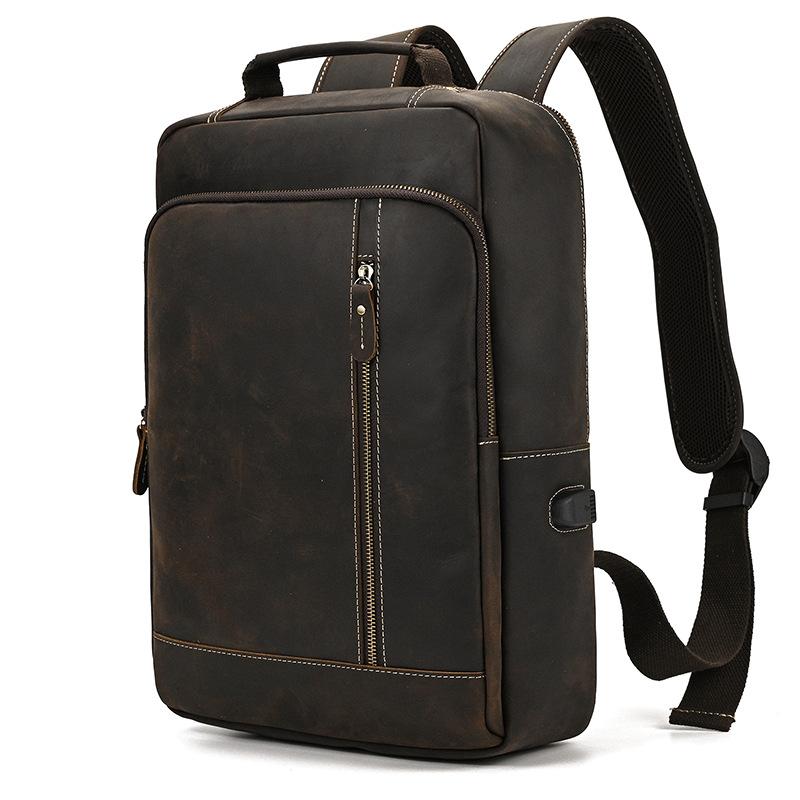 Backpack Crazy Horse Leather 16 Inch Large Capacity Leather Backpack Retro First Layer Cowhide School Bag Computer Bag With Usb Port