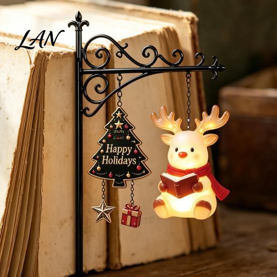 Dark Academic Room Decor Christmas Library Lantern, Mini Decorative Bookshelf Reading Lamp, Vintage Metal LED Lantern Night Light with Happy