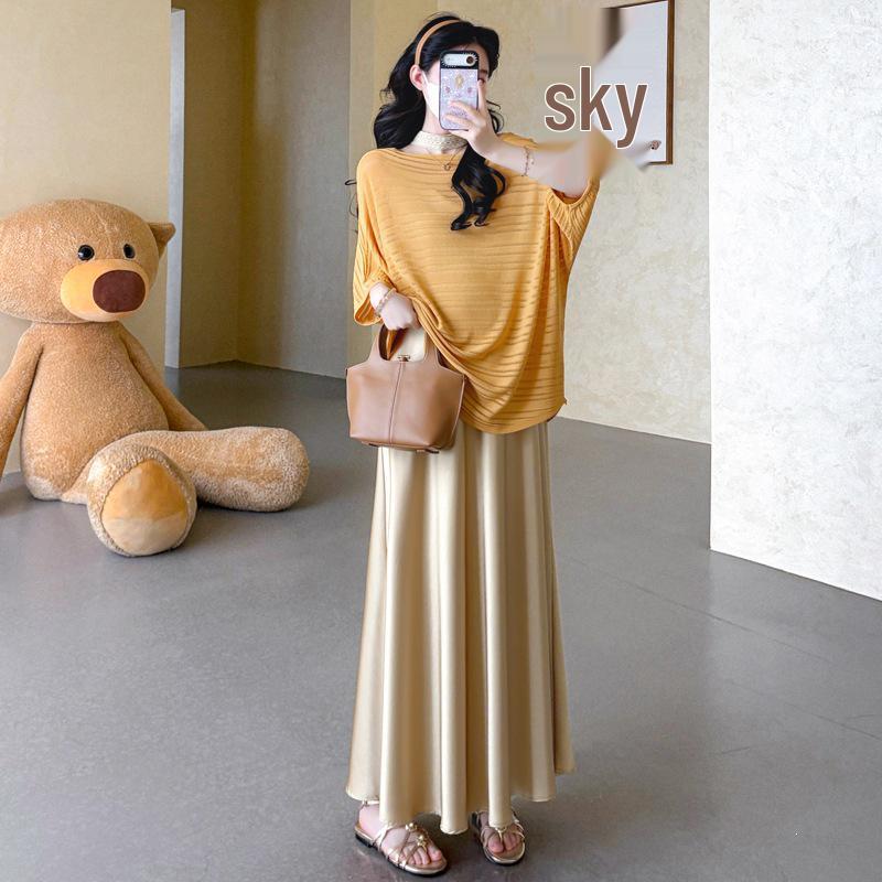 

2026 Spring/Summer Plus Size Maternity Satin Camisole Dress & Knit Top Set M