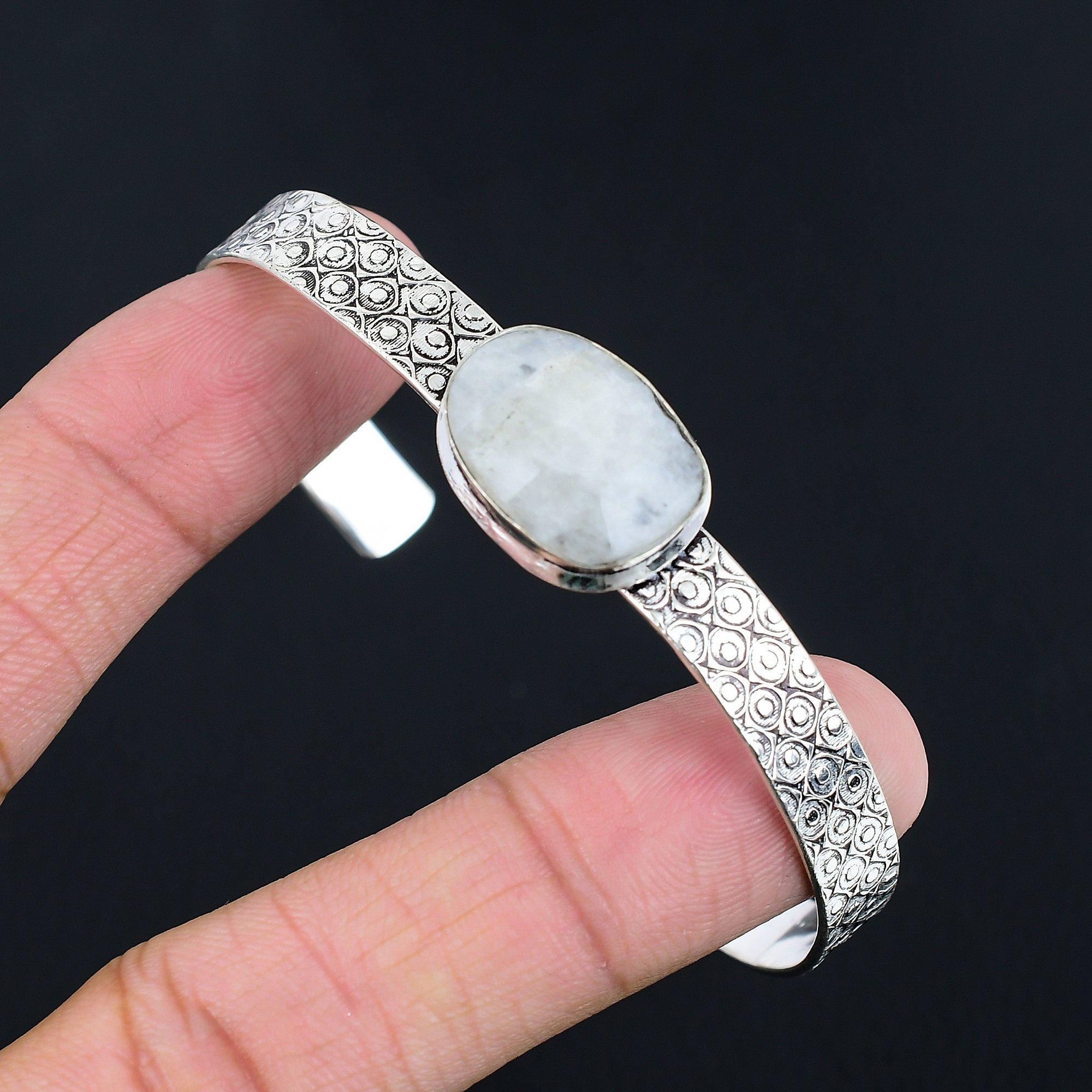 

Natural Rainbow Moonstone Gemstone 925 Silver Bangle Adjustable For Girls Adjustable