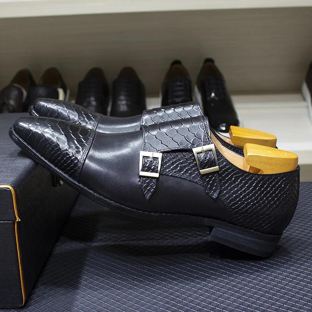 Fashion Luxury Double Buckle Monk Strap Men's Dress Shoes Genuine Leather Classic Crocodile Pattern Formal Business Office Footwear
