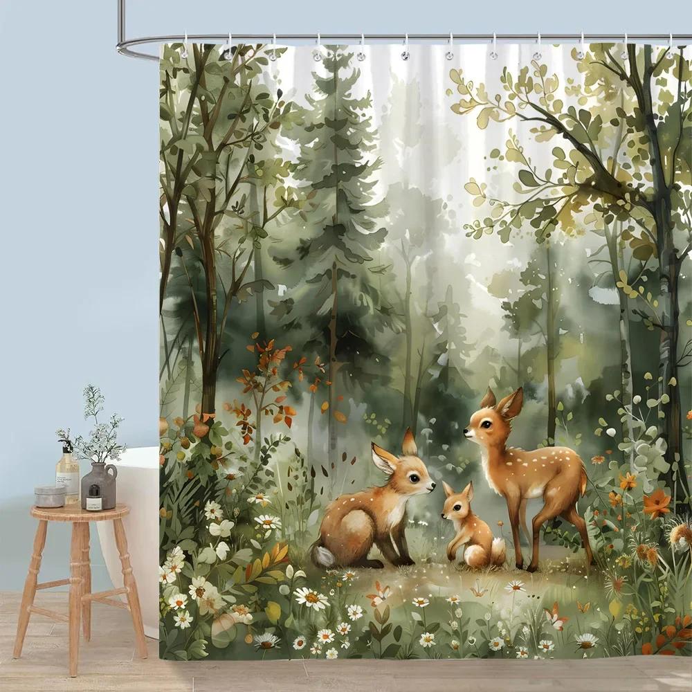Cute Forest Animals Shower Curtain Winter Snow Fox Red Bird Deer Bear Rabbit Polyester Shower Curtains Bathroom Decor with Hooks