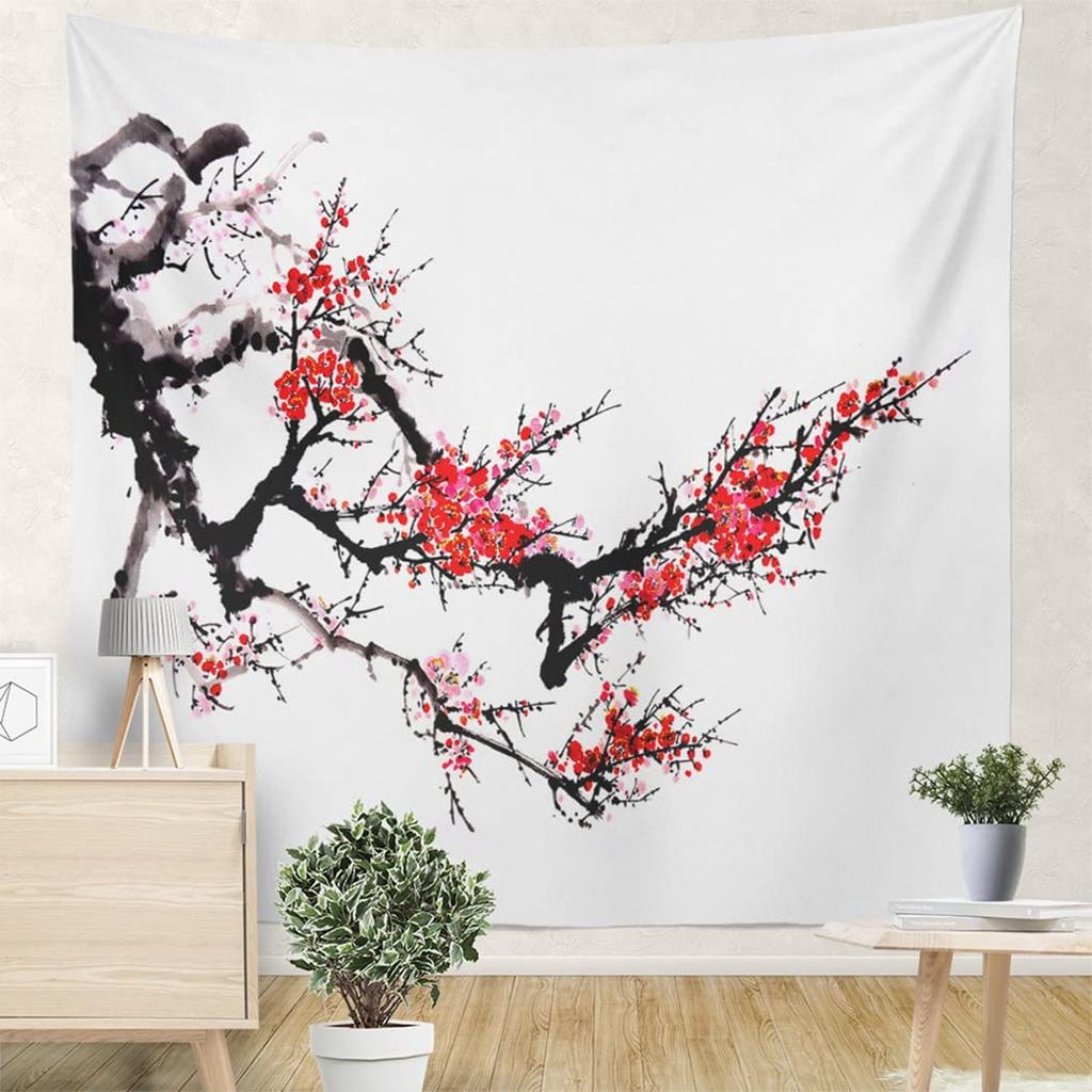Red Pink Peach Blossom Plum Blossom Print Pattern Tapestry Home Living Room Dormitory Wall Decor Background Cloth Tapestry