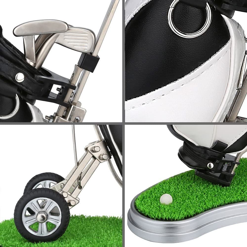 Golf Pen Holder for 3 Golf Golf Golf Tabletop Includes Mini PU Golf Bag White with Pen, Pens, Prize, Souvenir, Gift, Stand, (Black + Grass)
