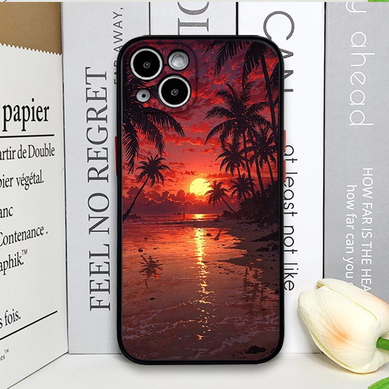 Creative Sunset Beach Wave Coconut Palm Landscape Phone Case for iPhone 17 16 Pro Max 15 14 13 12 11 Mini X 7 8 Plus Hard Cover
