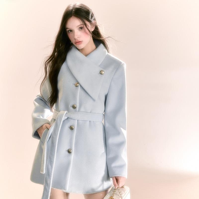 Winter Women's Sweet Thickened Blue Wool Coat