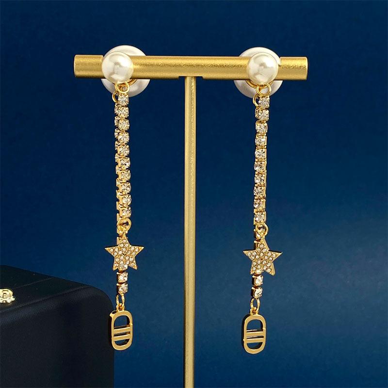 D Front And Rear Pearl Pearl Earrings Long Diamond Fringed Cd Letter Star Stud Earrings Brass Earrings