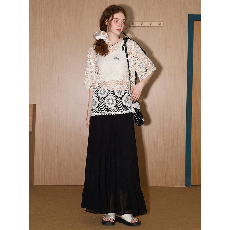 Coolhut Palace-Style Crochet Retro Hollow-Out Blouse Lace 2025 Summer Women's Knitted Short-Sleeve Layered Top