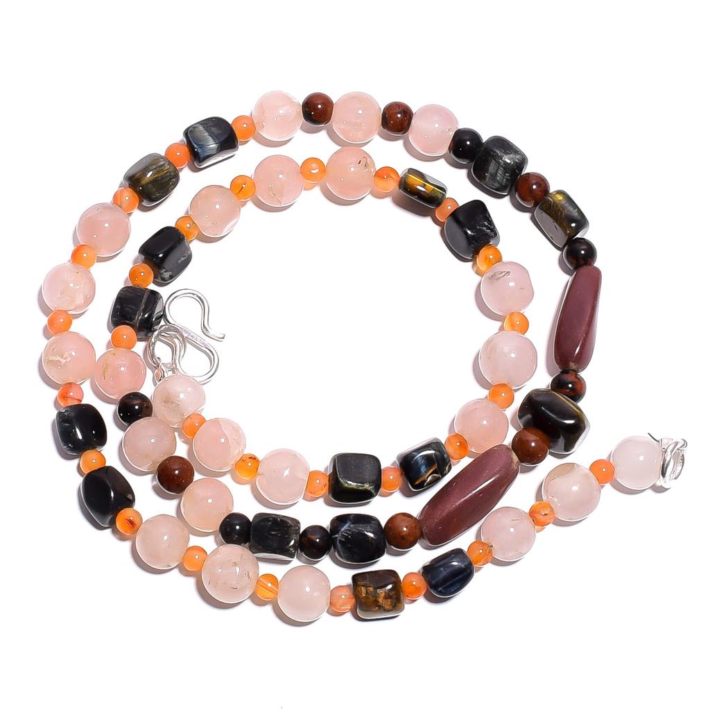 Natural Tiger Eye Rose Quartz Carnelian Gemstone Beads Necklace 17" UB-4737 UB-4737