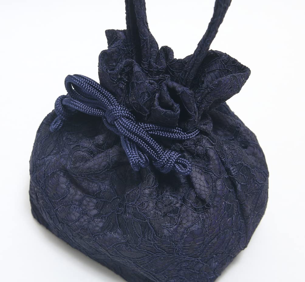 Hasegawa Lace Drawstring Bag with Handle, for Kimono and Yukata, Made In Japan (Navy)
