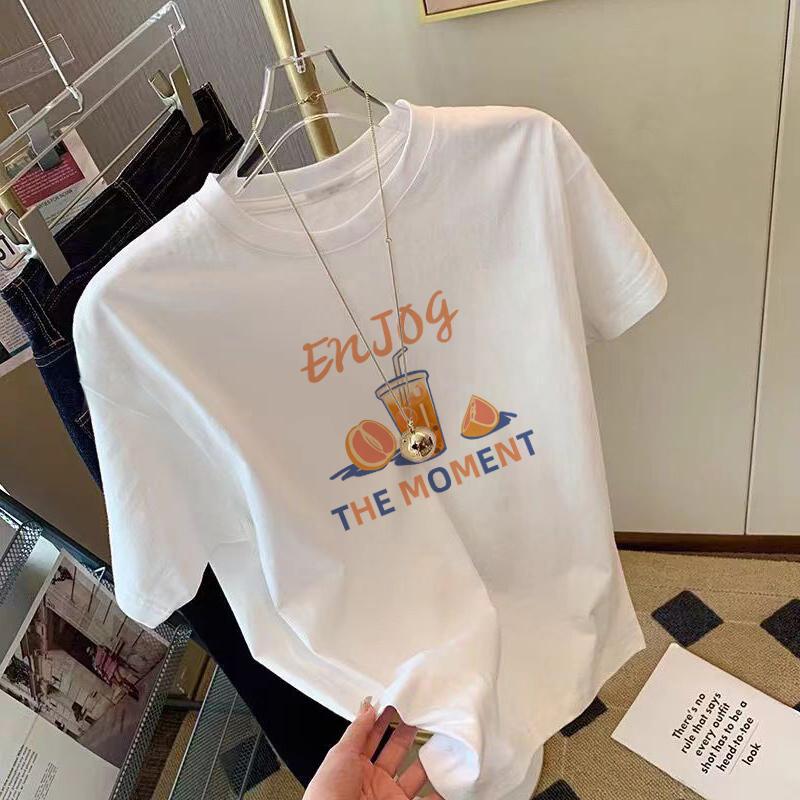 Regular loose fashion printed short-sleeved t-shirt women's pure cotton 2025 new bottoming shirt summer ins trendy white top
