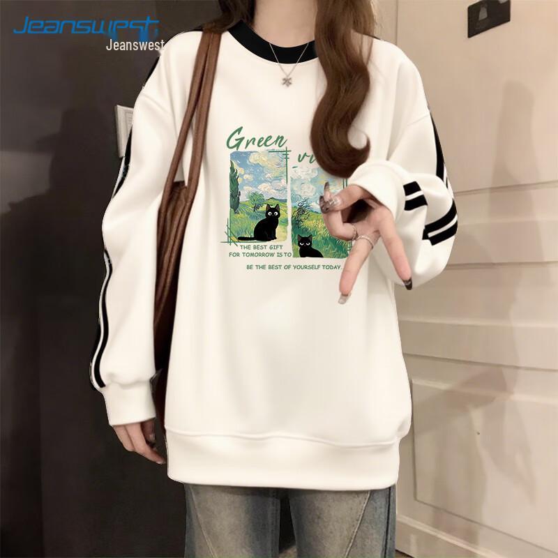 JEANSWEST Women's Painted Cat Graphic Loose Fit Sweatshirt