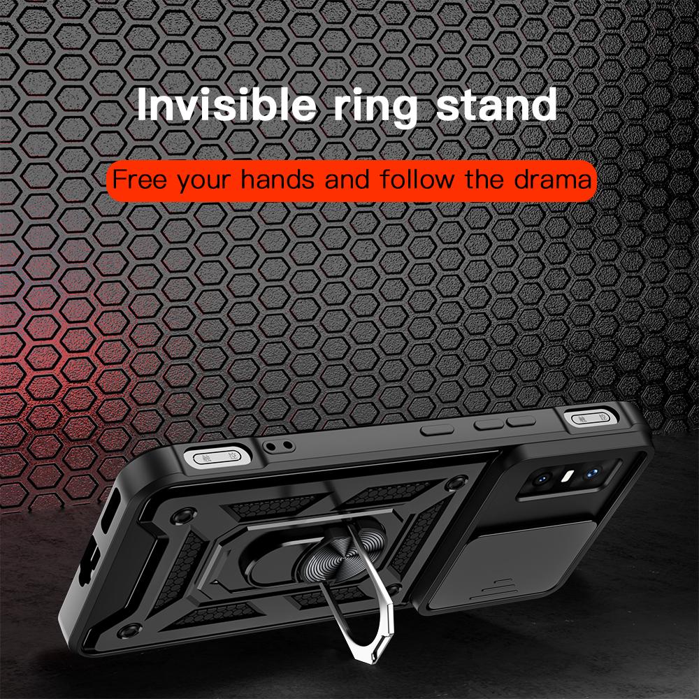 KEYSION Shockproof Armor Case for Infinix GT 30 Pro Slide Camera Lens Protection Ring Stand Phone Cover for Infinix GT 30 Pro 5G