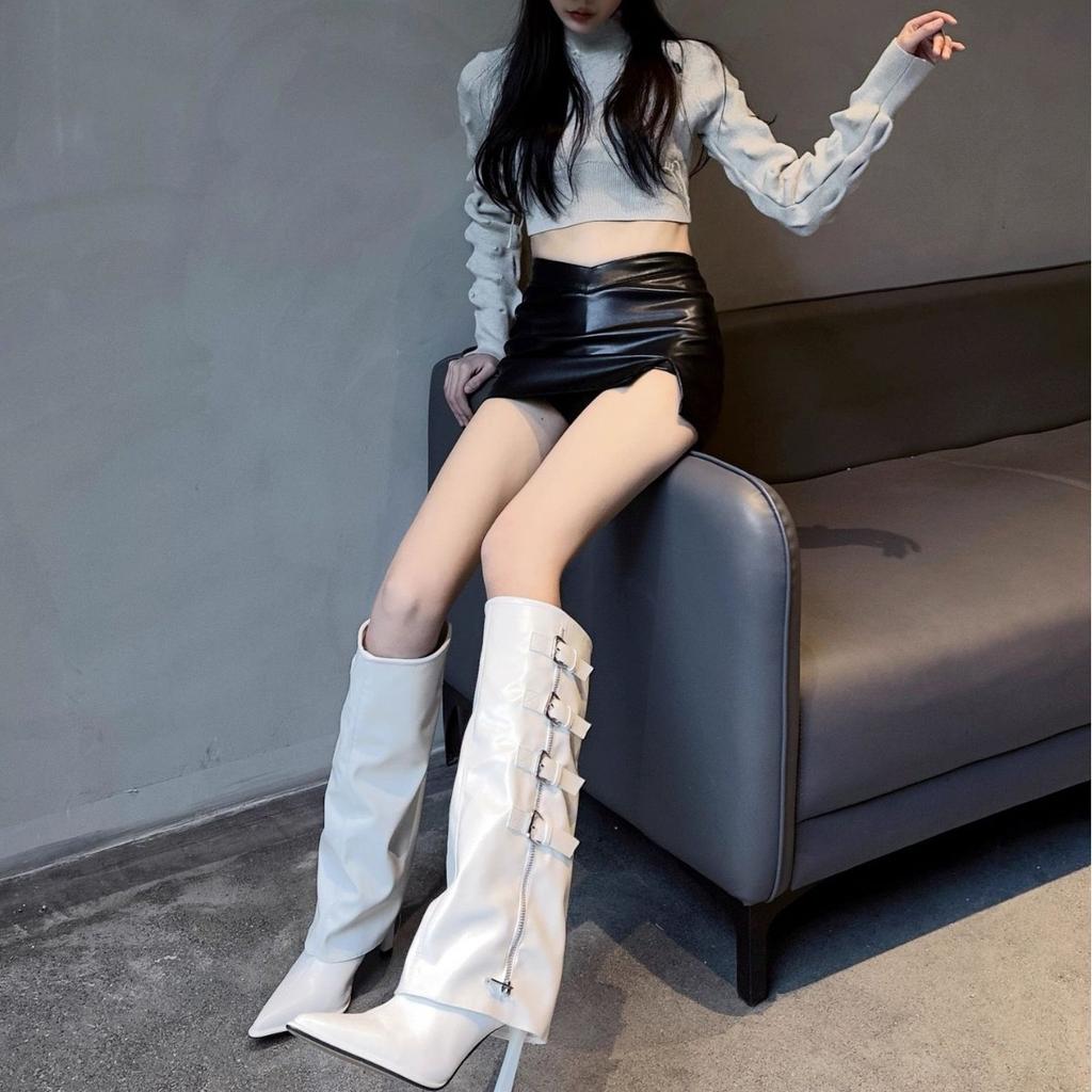 Pointed thin heel boots 2025 autumn new buckle thin high heel trouser boots niche versatile fashion boots women
