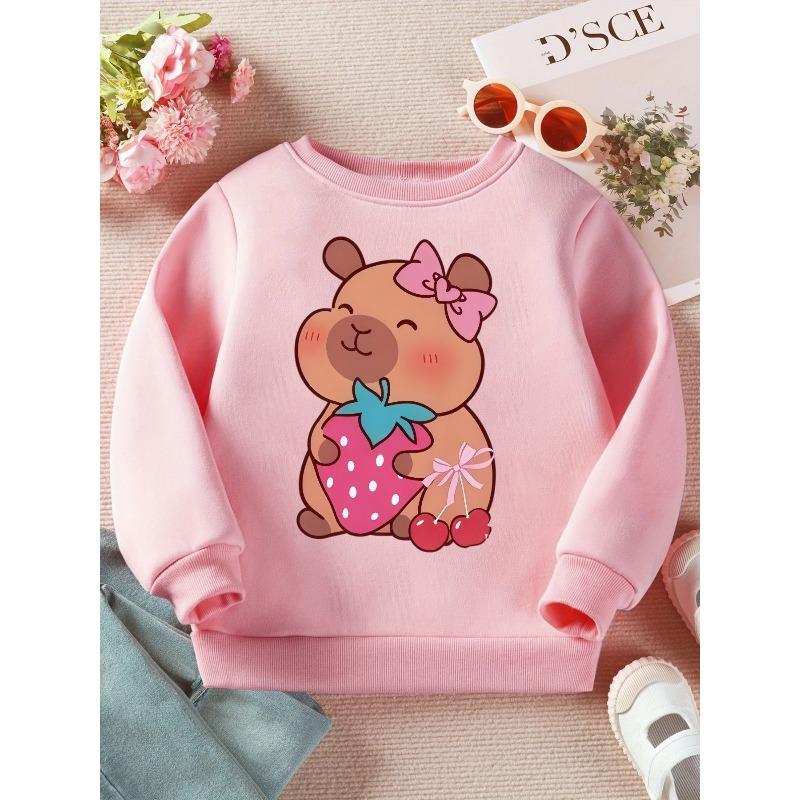 Kids Crewneck Sweatshirt, Cartoon Bear Strawberry Cherry Print Cute Sweet Casual Long Sleeve Top