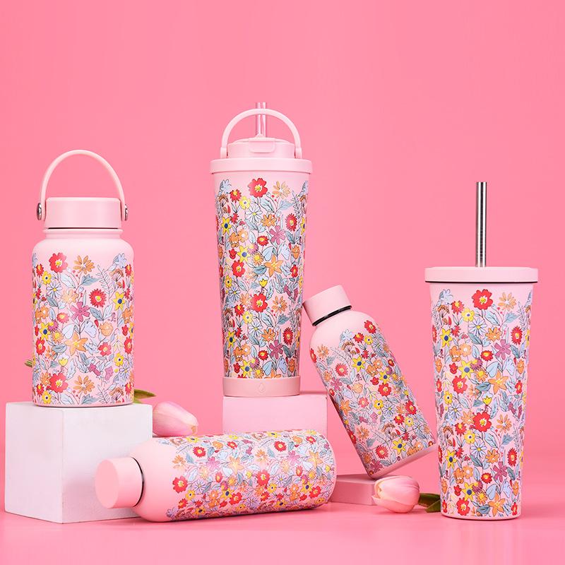 Large Capacity Thermos Cup Wide Mouth Portable Outdoor Sports Kettle Straw Cup Set Printed Water Cup