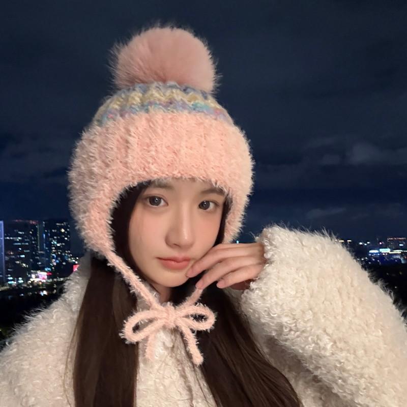 New Autumn and Winter Warm Plush Hat Knitted Hat Women's Fashion Ear Hat Windproof Hat