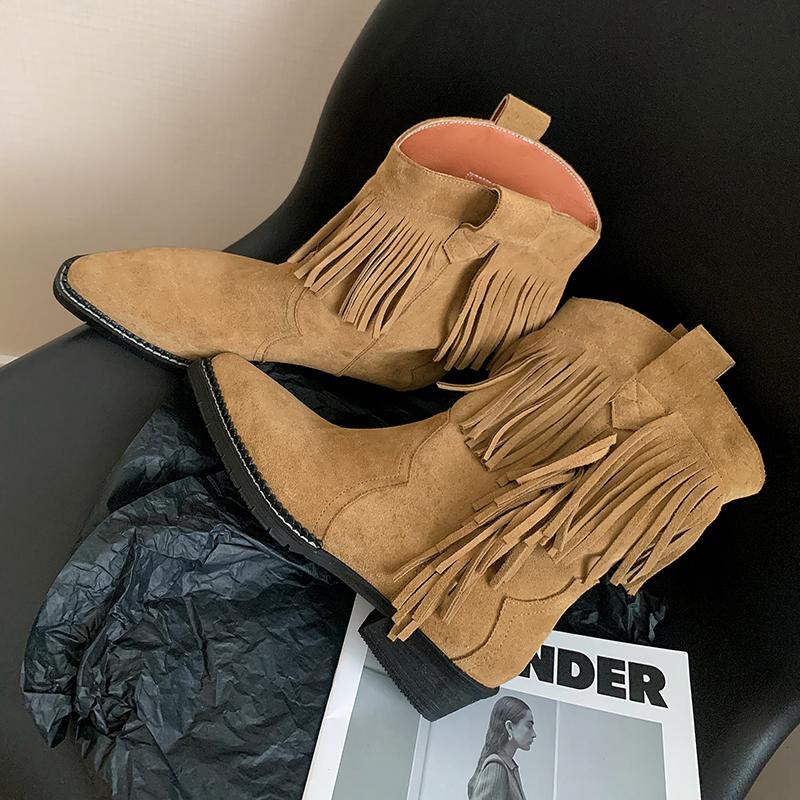 

Ghosn short boots women s 2025 new summer western cowboy pointed thick heel fringed design sense retro western boots 35