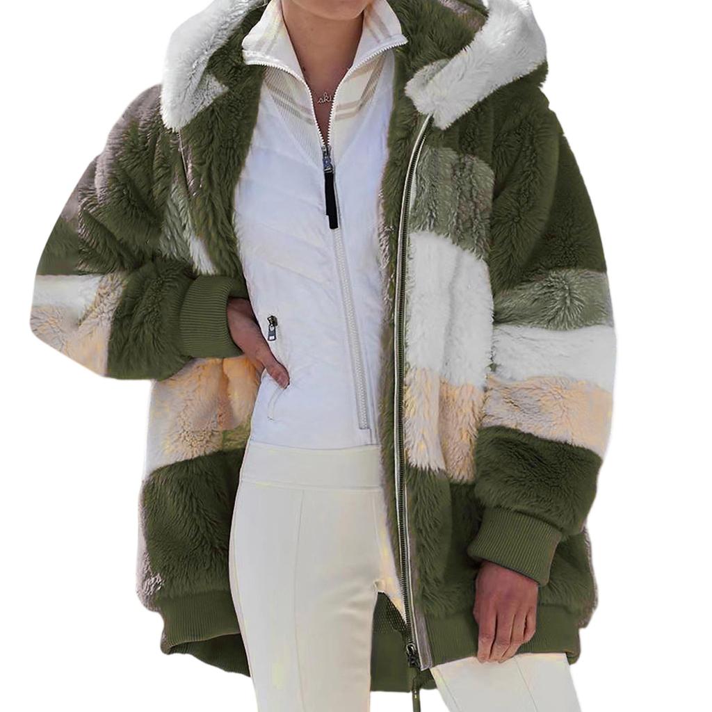 Manteau à capuche pour femmes, mode épissage, ample, peluche, manches longues, fermeture éclair, poche, hiver