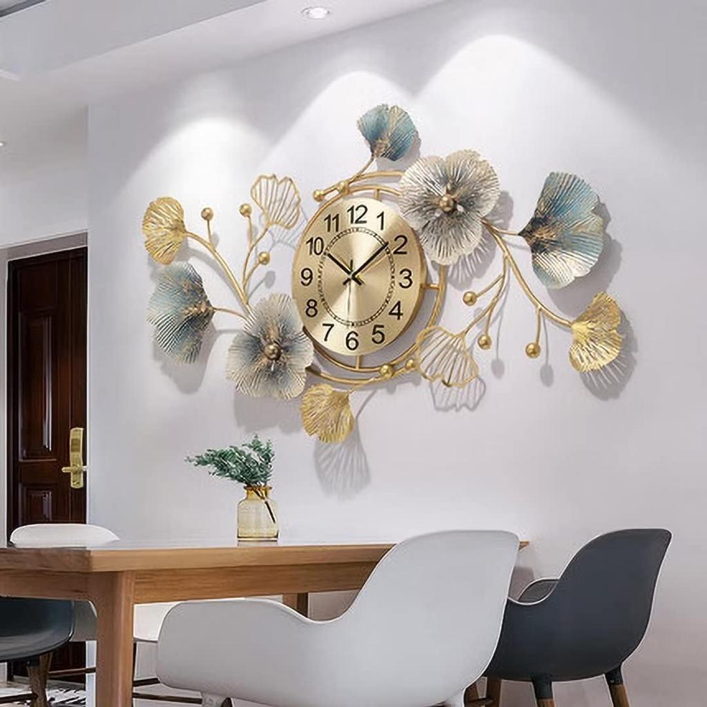 37 Inch Metal Ginkgo Leaf Wall Clock   Silent Quartz Movement No Ticking   Decorative Oversized Clock for Living Room Bedroom Home Decor