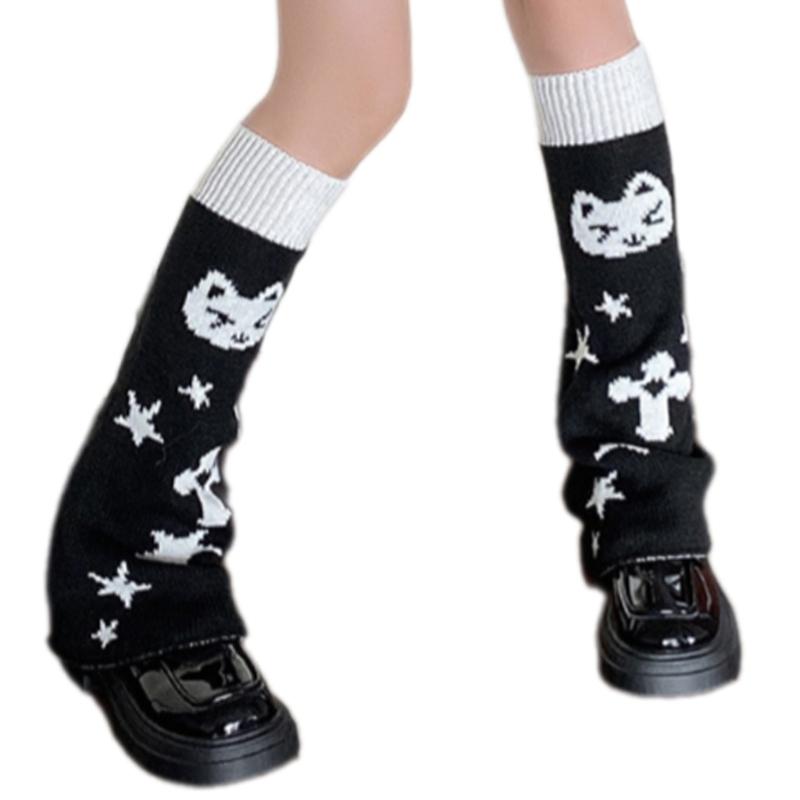 Reversible Knitted Long Tube Leg Warmers with Cute Cats Pattern for Women Punk Grunge Flared Boot Covers Footless Socks