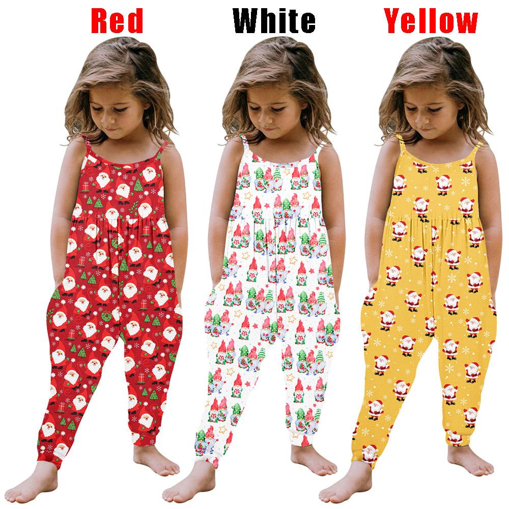 Árvore de Natal Papai Noel Rena Flocos de Neve Padrão Bebê Crianças Alças Espaguete Macacão Macacão Crianças Roupas para 1-5 Anos