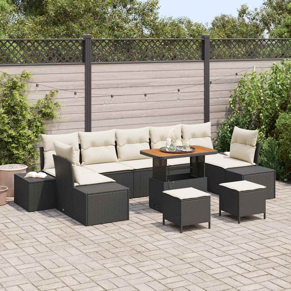 10 Piece Black Poly Rattan Garden Sofa Set with Cushions