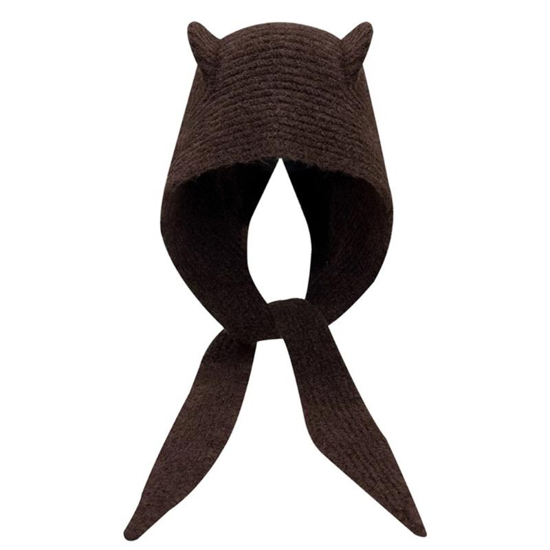 Lovely Devil Ear Knit Hat With Neck Wrap Breathable Pullover Hat For Women Daily Outfit and Outdoor Cycling Walking