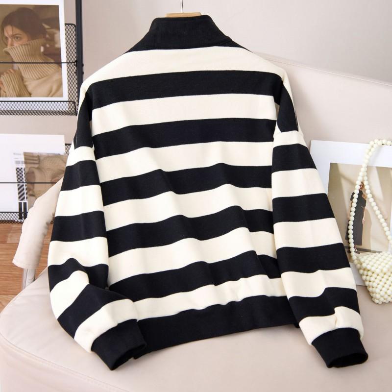 Korean Style Fleece-Lined Half-Zip Hoodie Women Winter Thick Loose Fit Stand Collar Striped Long Sleeve Top