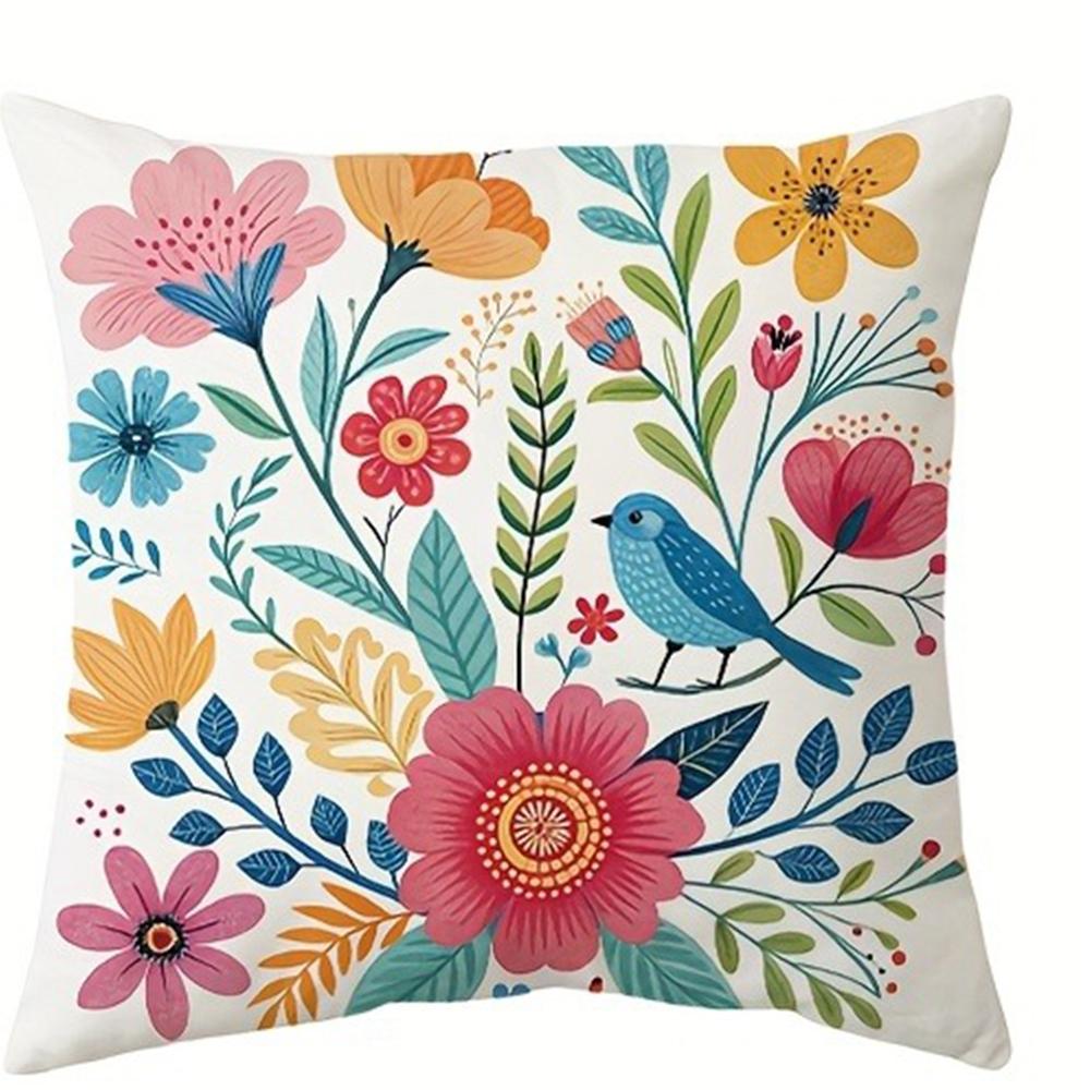 Colorful Floral - Bird Cheerful Pillow CoversLiving Room Sofa Cushion Cover, Soft and Comfortable, Bedroom Room Decoration