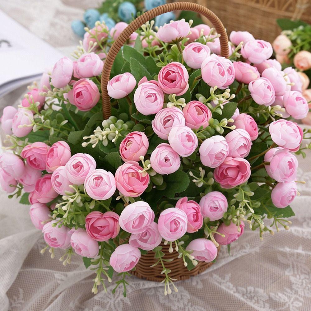 Multicolor Tea Rose Artificial Flower 15 Heads Faux Flower Simulation Rose Flower Table Decor