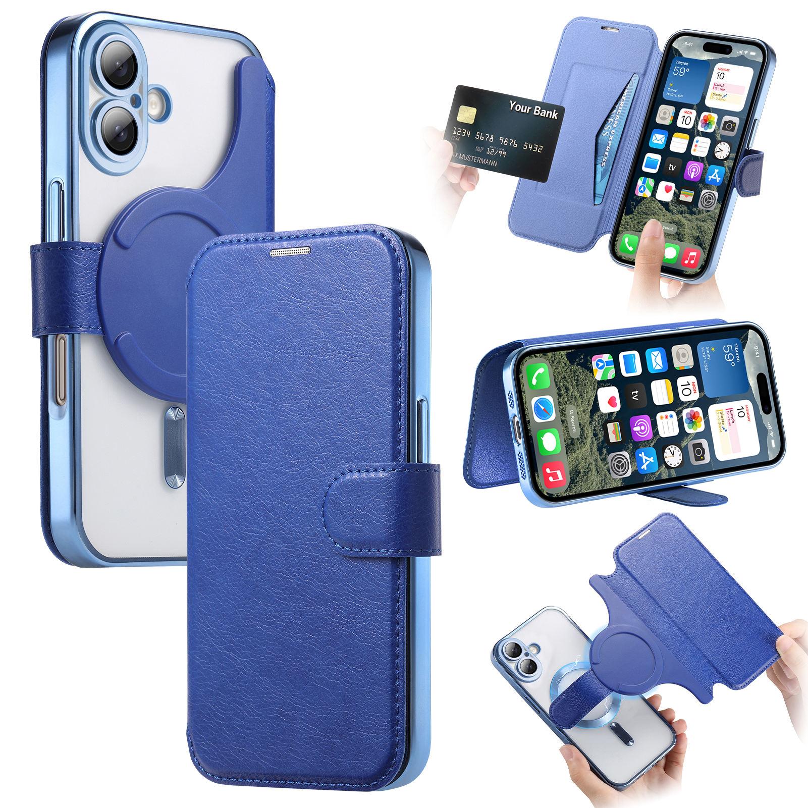 

CASENEO For iPhone 16 Case with Lens Film TPU Inner Shell Detachable Leather Phone Cover Blue
