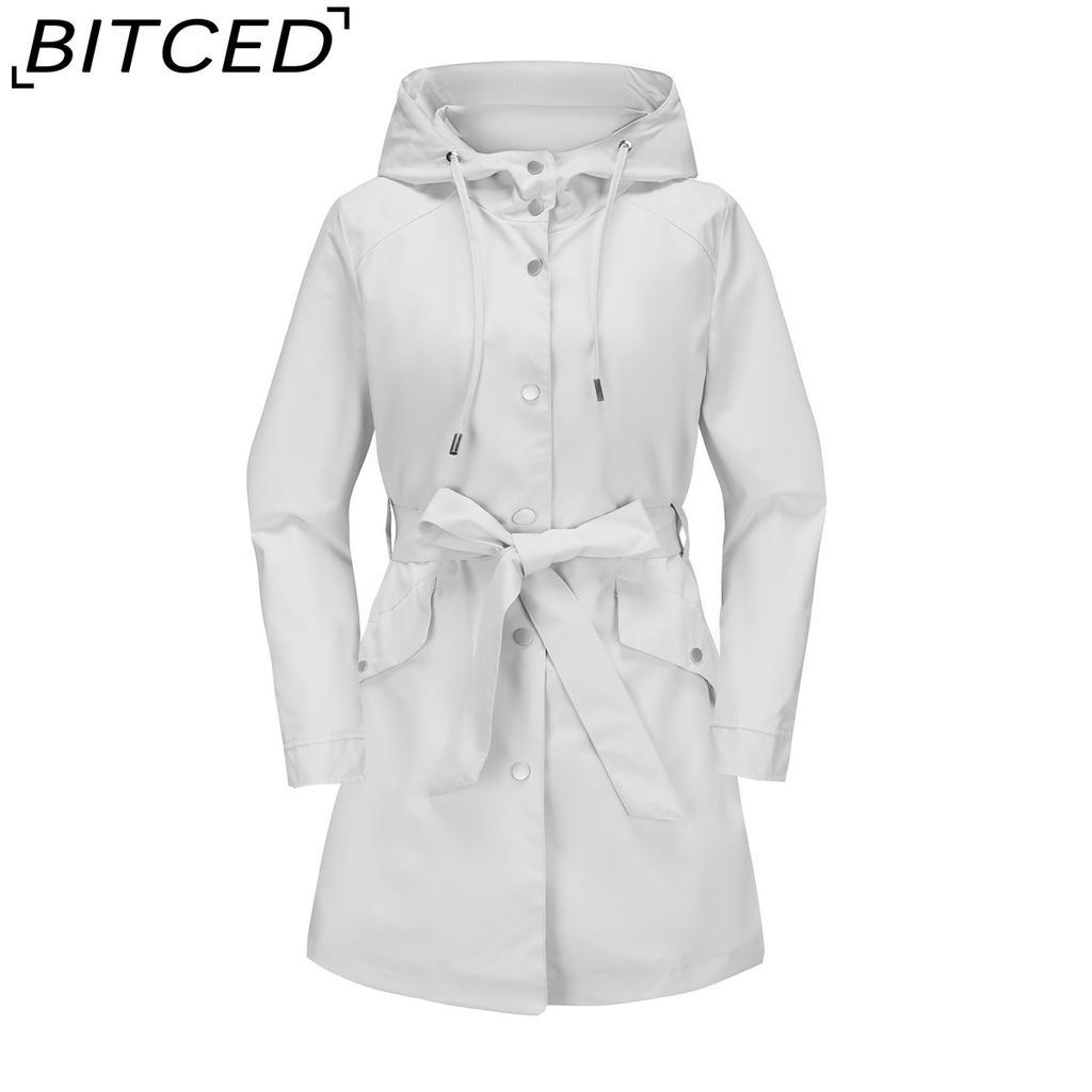 BITCED Women's Spring/Autumn Hooded Water-Resistant Jacket with Belted Waist Lightweight Casual Oversized Trench Coat