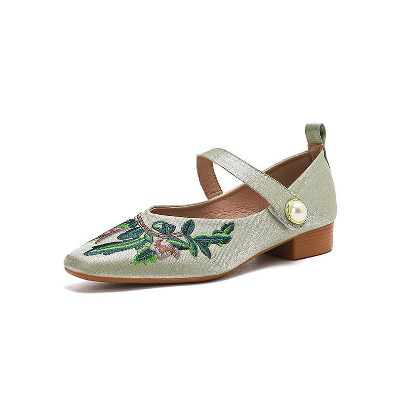 

Женские вышитые слипоны Осень 2025: Ханфу Ципао в китайском стиле, низкий вырез, квадратный носок, мягкая подошва 35 зелёный