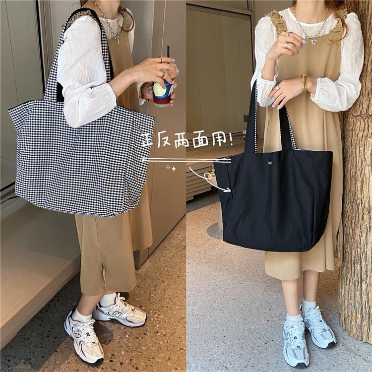 

Simple Plaid Women Canvas Handbags Double-sided Ladies Large Shoulder Bag Student Girls Casual Tote Female Cloth Shopping Bags 42x17x33cm чорний