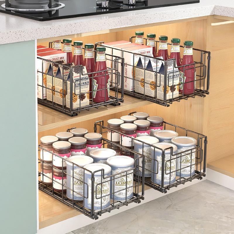Kitchen deep cabinet drawer pull basket multi-functional non-punching household drawer rack foldable pull-out rack