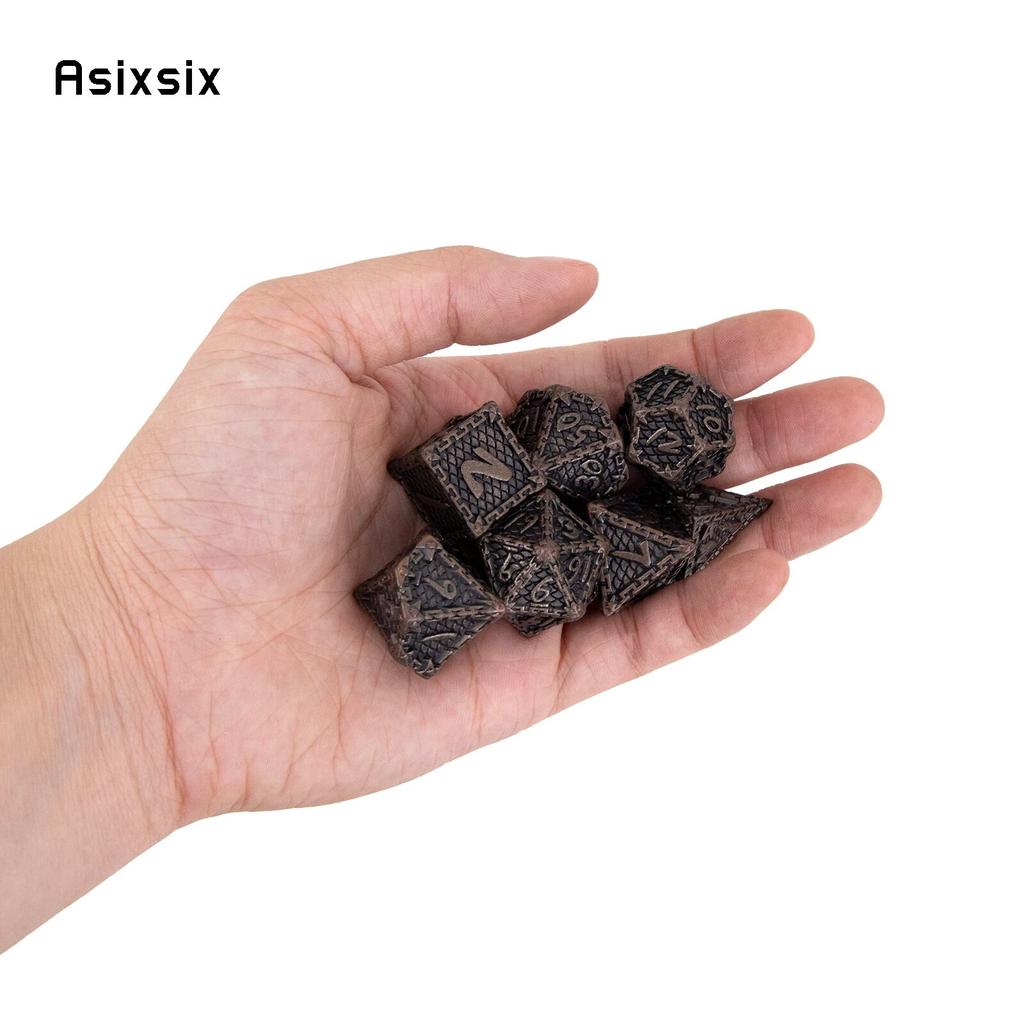 7 Stück braune Fischschuppen-Metallwürfel aus massivem Metall, polyedrisches Würfelset, geeignet für Rollenspiele, RPG-Brettspiele, Kartenspiele