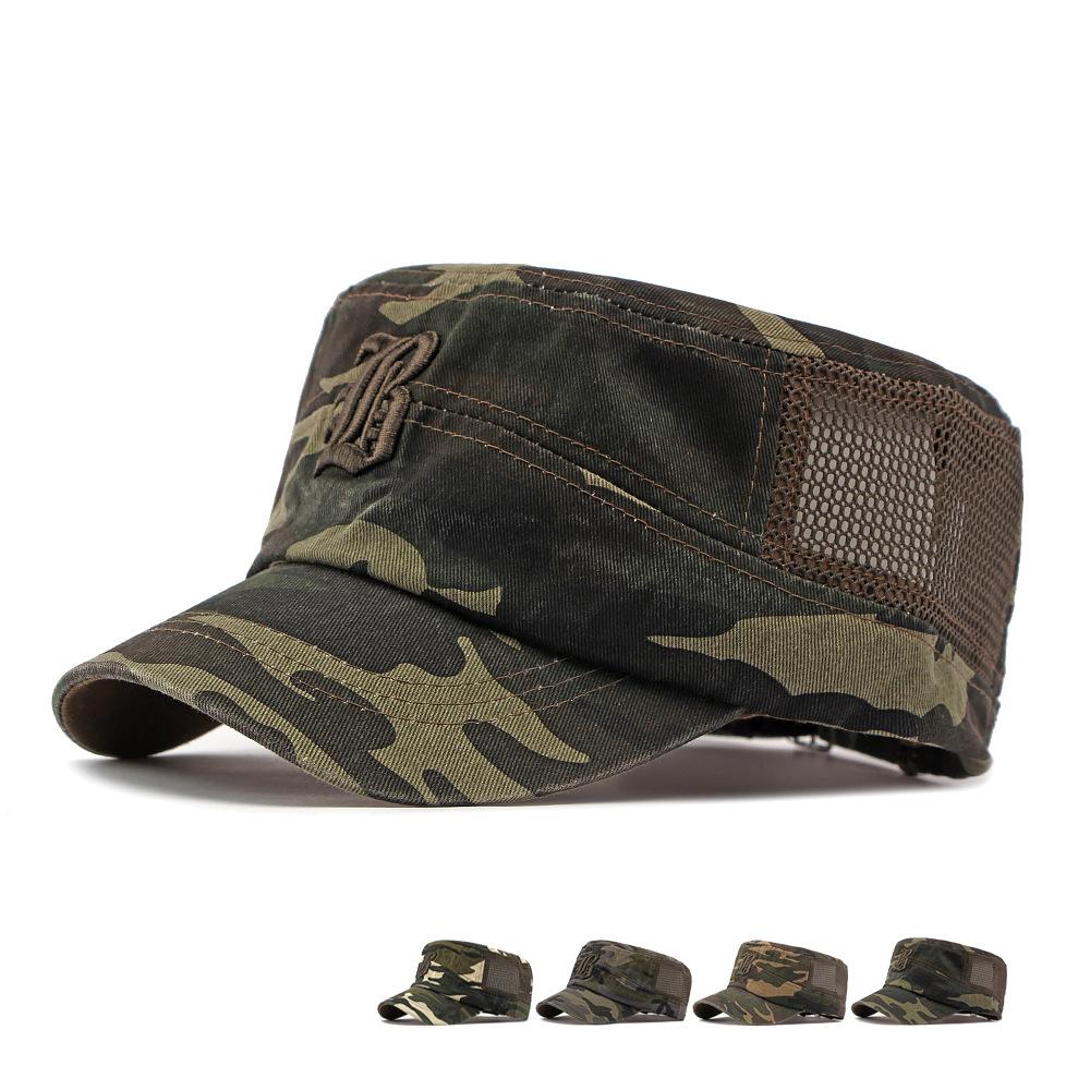 Men Cotton Camouflage Flat Top Hat Spring Summer Sun Protection Sun Hat Cap