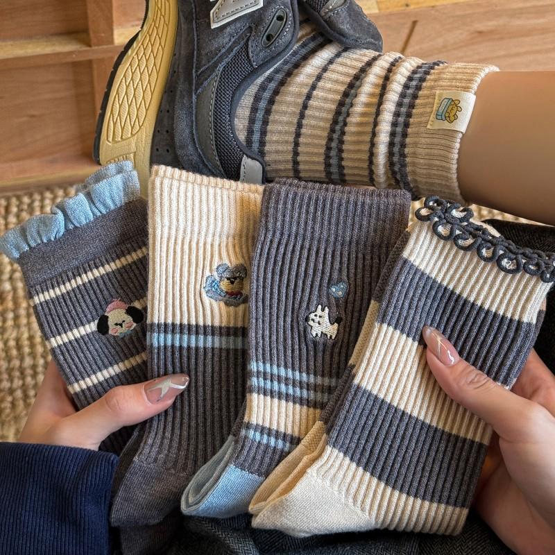 Grey Striped Socks Medium Tube Socks Cute Embroidered Puppy Cloth Label Curled Edge Socks Trend Socks