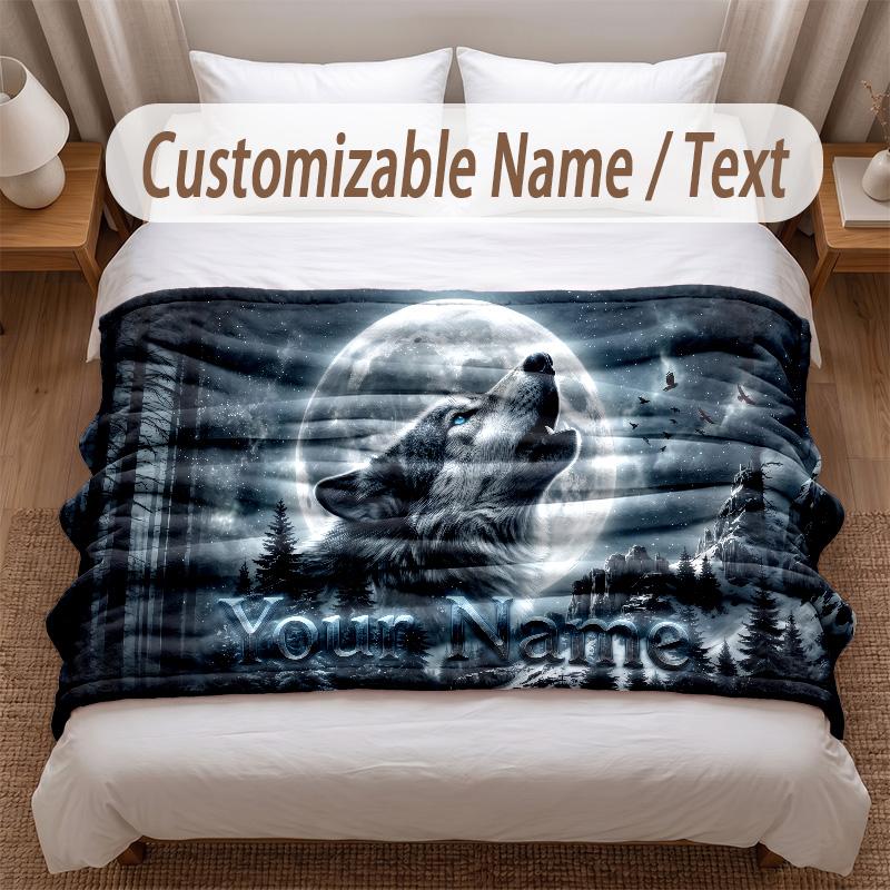 Wolf Theme Soft Blanket Personalized Custom Name Text Print Warm Blanket Home Sofa Bedroom Decor
