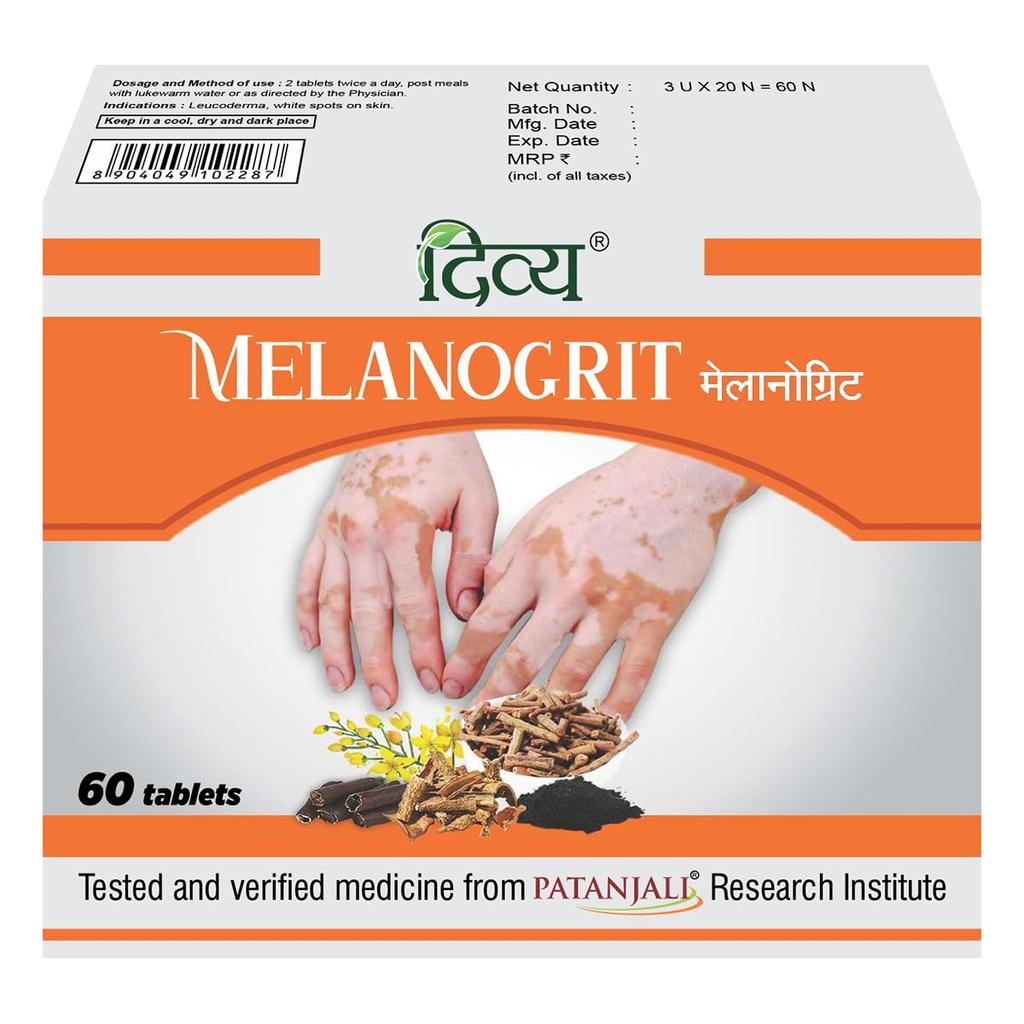 Patanjali Divya Melanogrit 60 Tablets X Pack Of 2 Herbal Skin Care Supplement For Clear Looking Skin Tone Balance Support