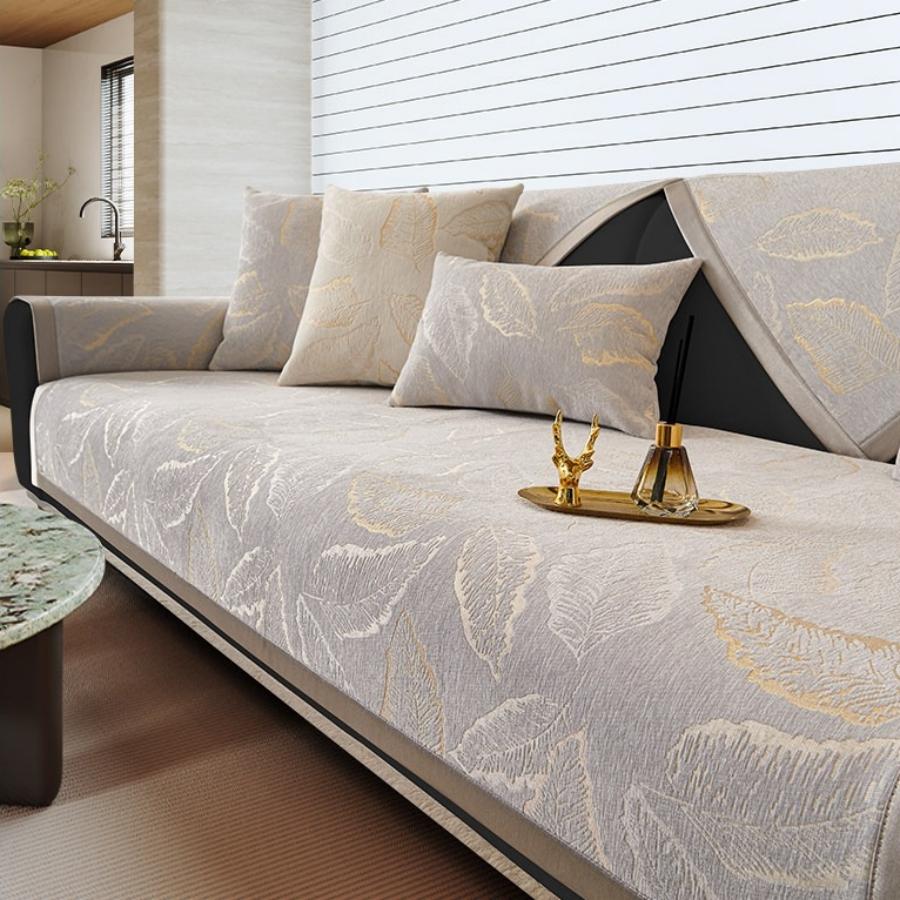 [Heavy Non-Slip Sofa Protector] Luxurious Shiny Leaves Jacquard Chenille Sofa Cover With Decorative Stitching, Thick, Sofa Towel