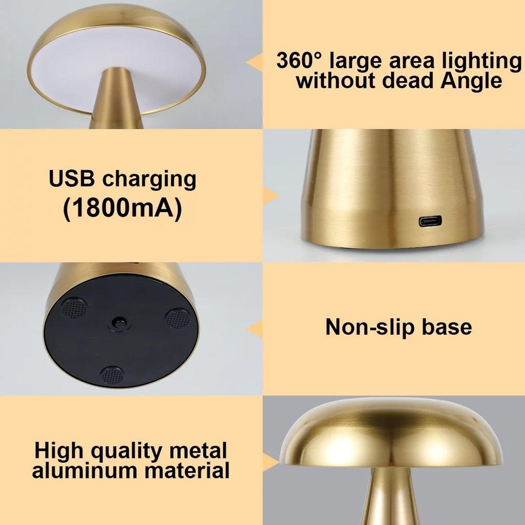 Rechargeable Metal LED Bedside Lamp Decorative Mushroom Lamp with 3 Color Dimming Suitable for Bedroom and Living Room Black