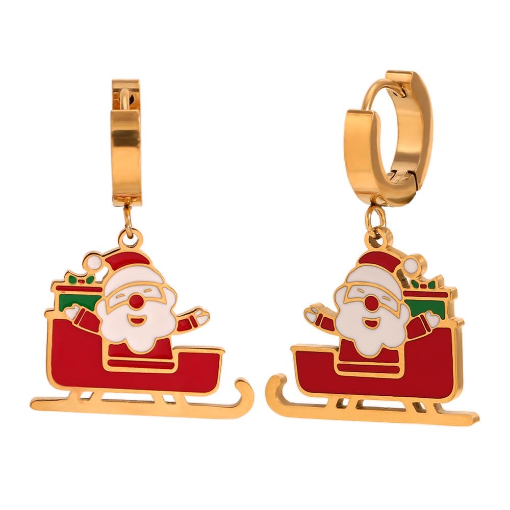European-American Fashion Cartoon Santa Sleigh Earrings, 18K Gold Plated Stainless Steel, Christmas Drop Oil Design.